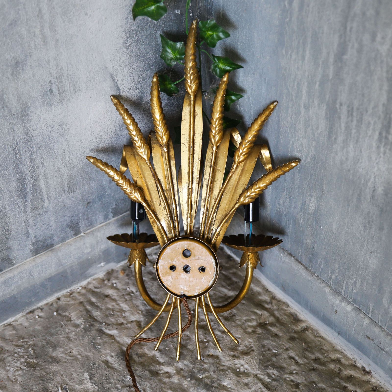 Lighting ​​​​​​​English Mid‑Century Twin‑Candled Gilt Metal Electric Wall Sconce photo