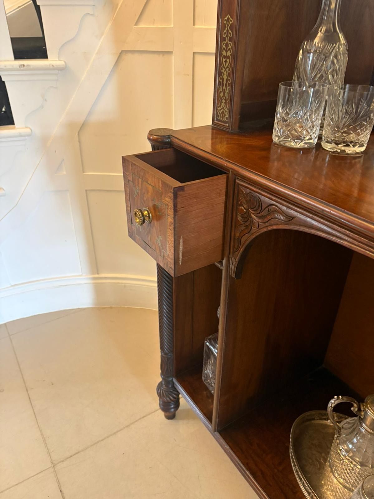 photo for sale Antique 19th Century Rosewood Brass Inlaid Open Bookcase