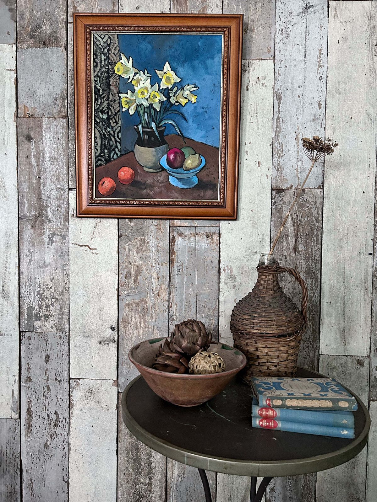 Vintage Still Life With Daffodils In Jug Oil Painting On Board photo furniture