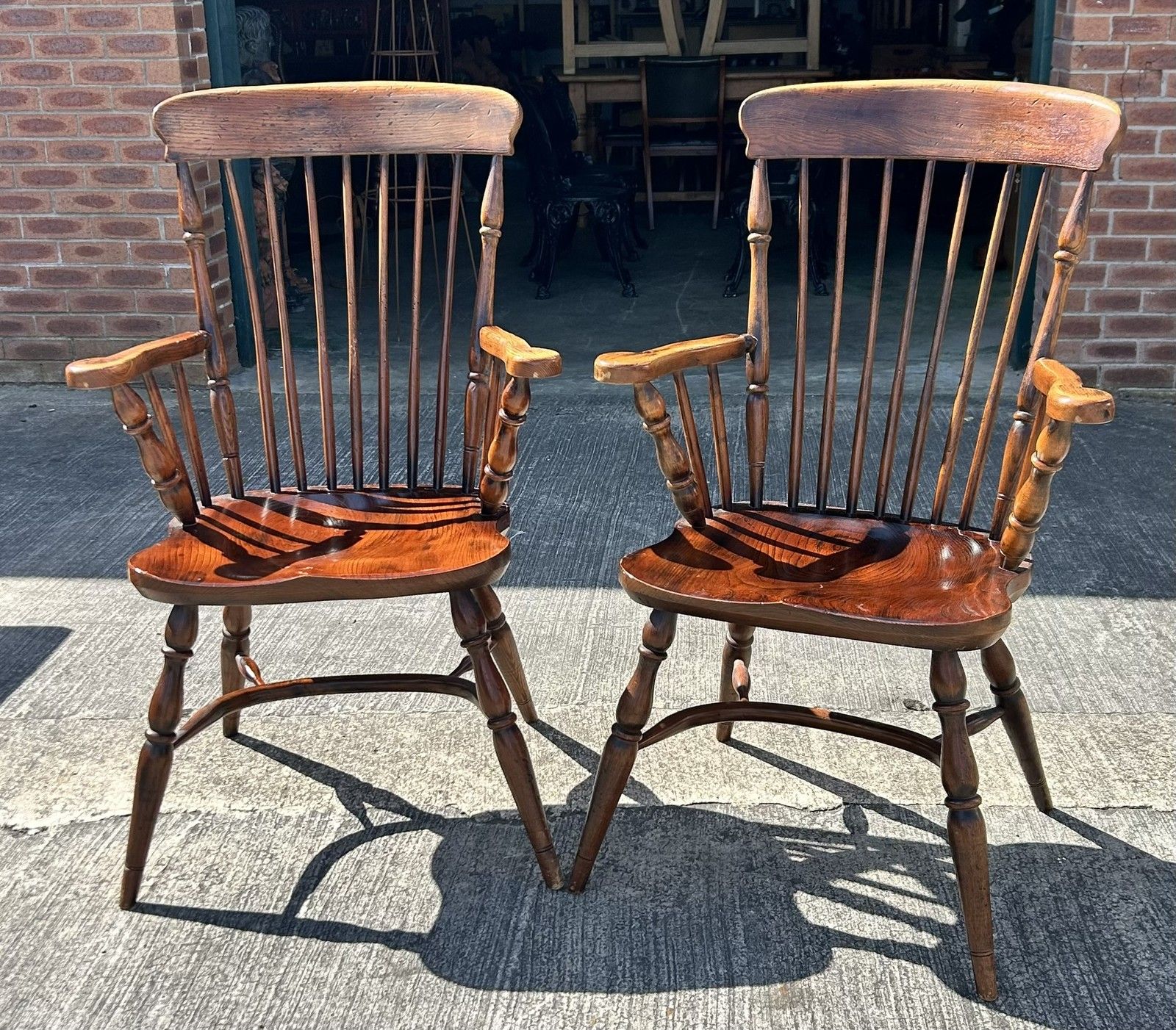 Vintage Pair Of Oak & Elm Comb Back Windsor Chairs Crinoline Stretcher Armchairs photo furniture