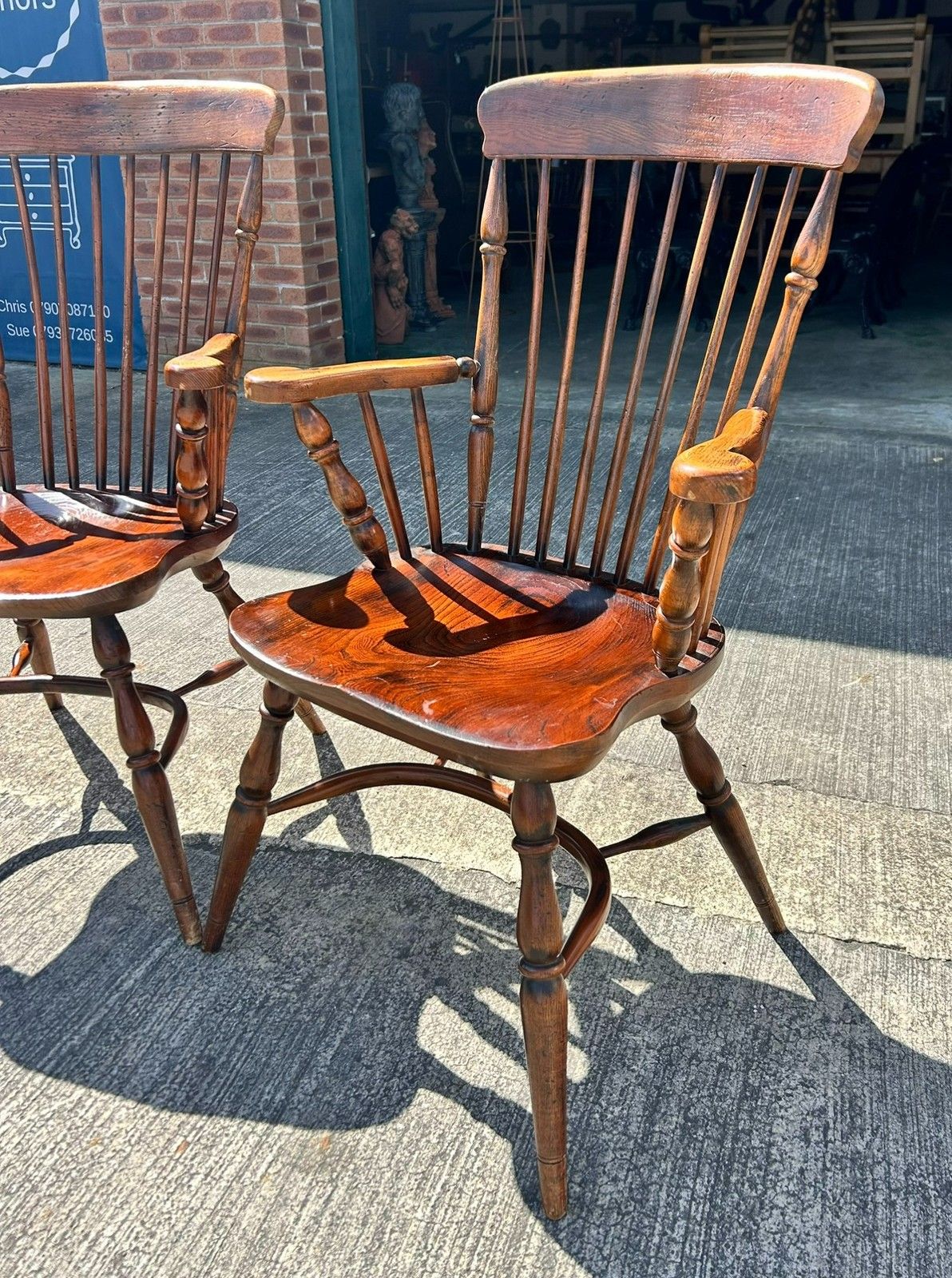Vintage Pair Of Oak & Elm Comb Back Windsor Chairs Crinoline Stretcher Armchairs photo Furniture