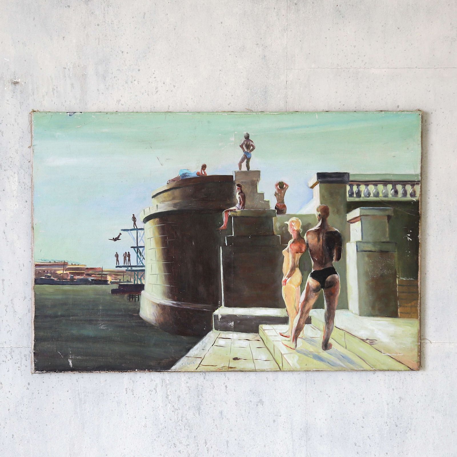 Russian Oil Painting Of Swimmers – Mid‑Century Modernist Style, After Deyneka photo furniture