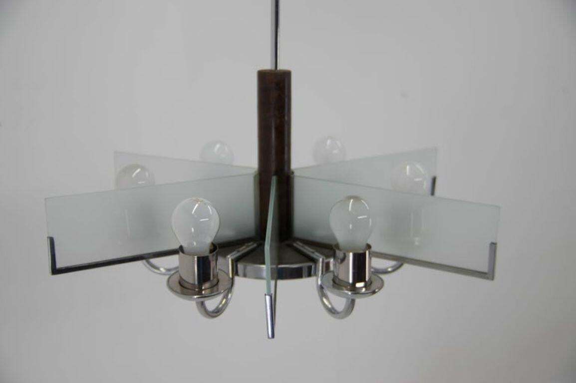 Six Arm Art Deco Chandelier In Chrome And Sandblasted Glass, 1940s photo for sale