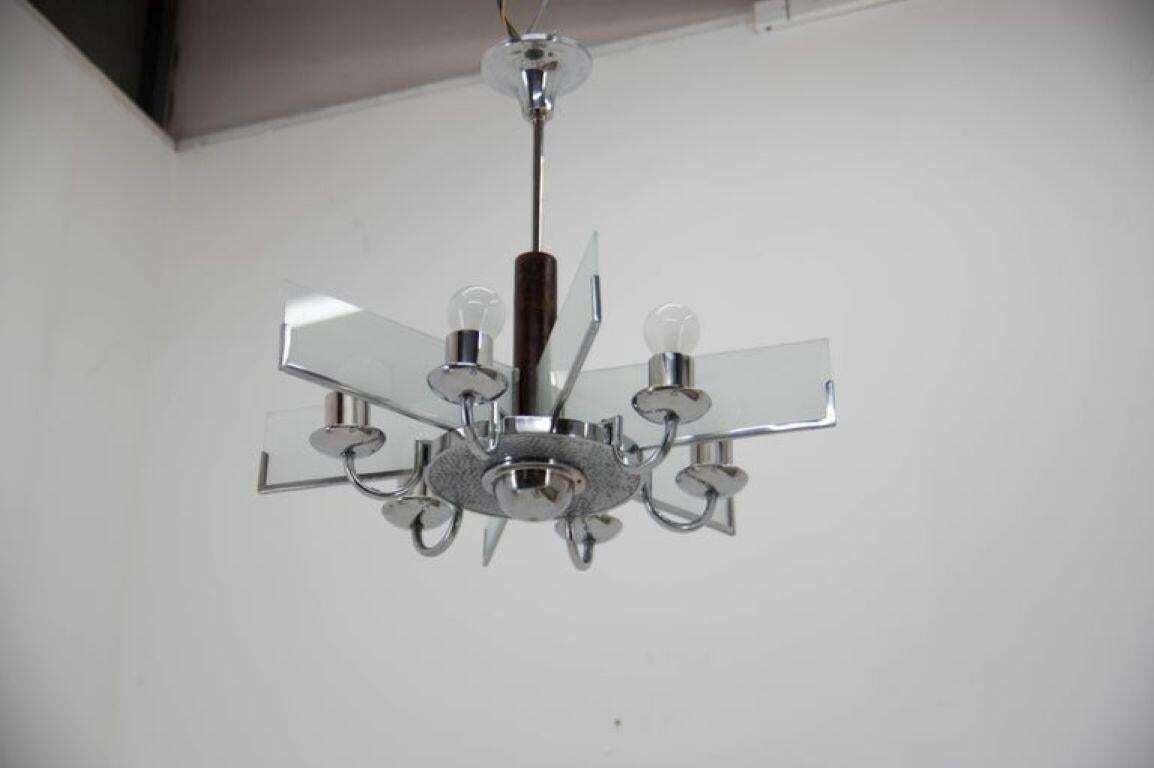 Six Arm Art Deco Chandelier In Chrome And Sandblasted Glass, 1940s photo 1673.0