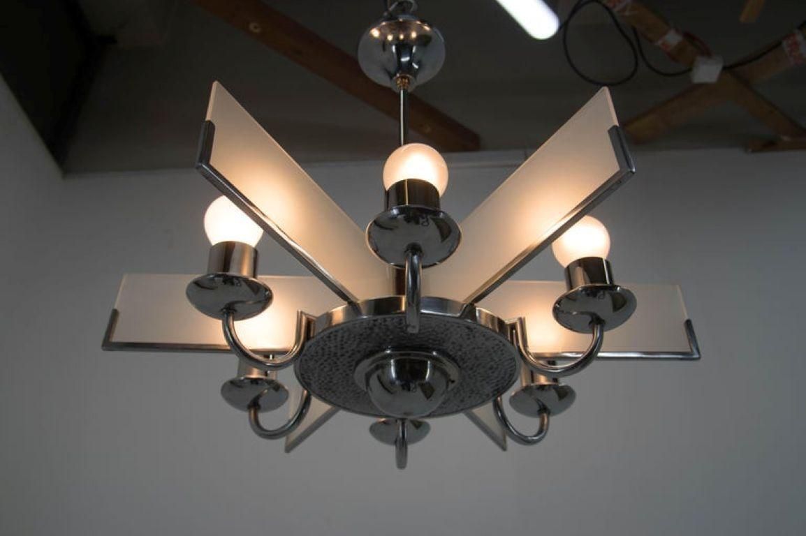 1673.0 Six Arm Art Deco Chandelier In Chrome And Sandblasted Glass, 1940s photo
