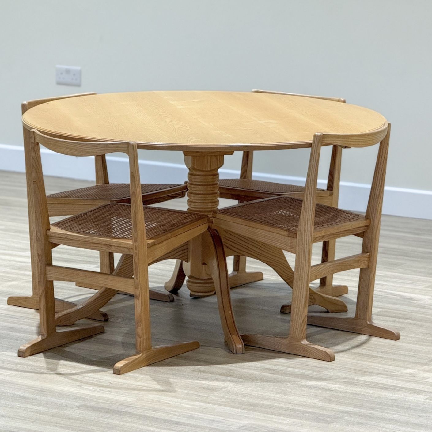 Mid Century Elm Circular Dining Table & 4 Rattan Chairs – Original 1960s Set photo for sale