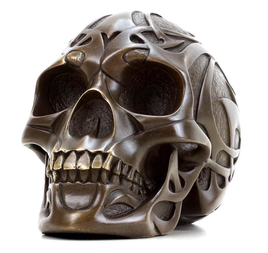 Art Deco Brown Patinated Bronze Tribal Skull Sculpture photo furniture