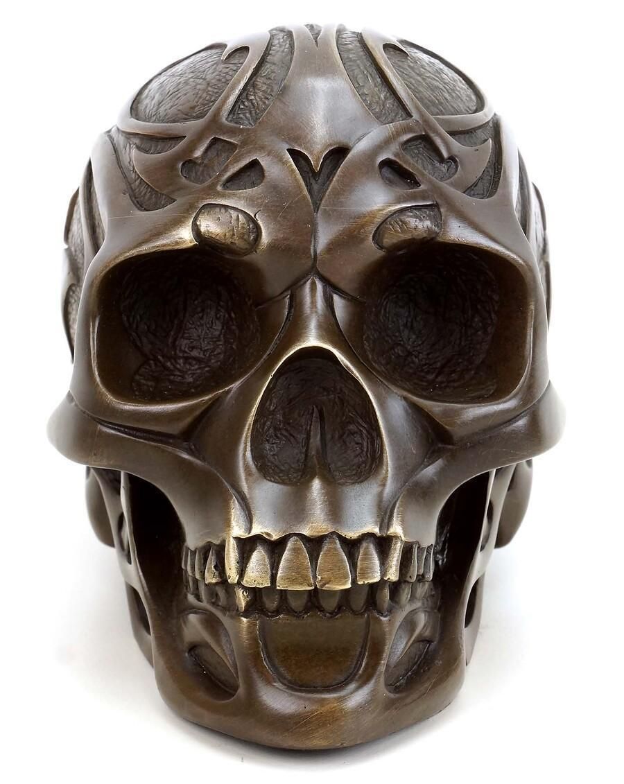 Art Deco Brown Patinated Bronze Tribal Skull Sculpture photo for sale