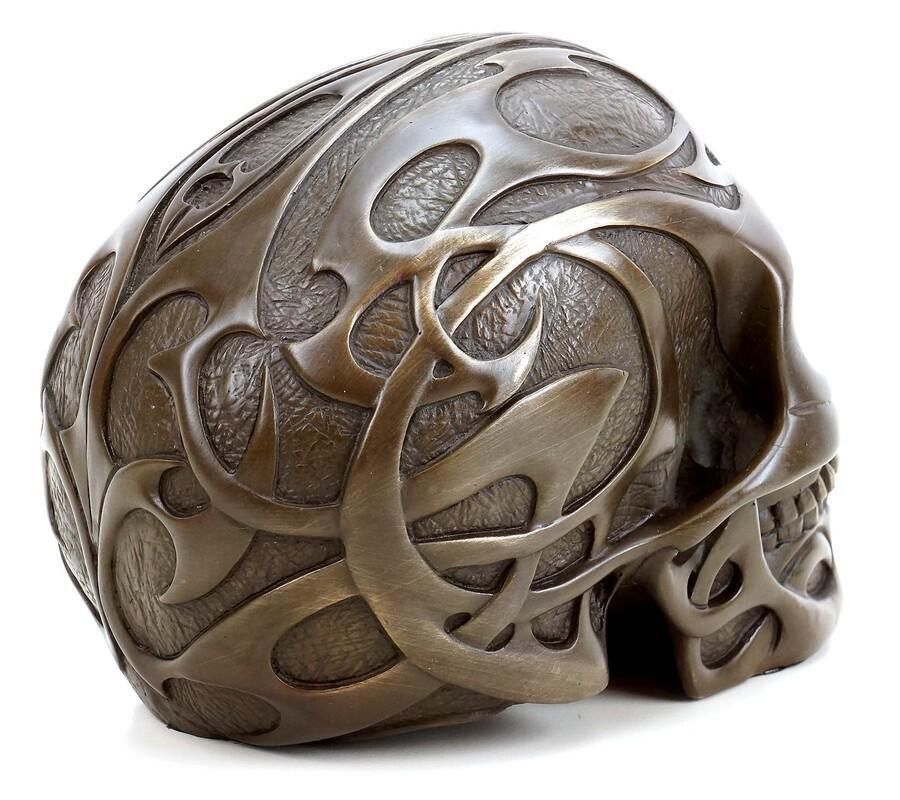 Art Deco Brown Patinated Bronze Tribal Skull Sculpture photo 1045.0