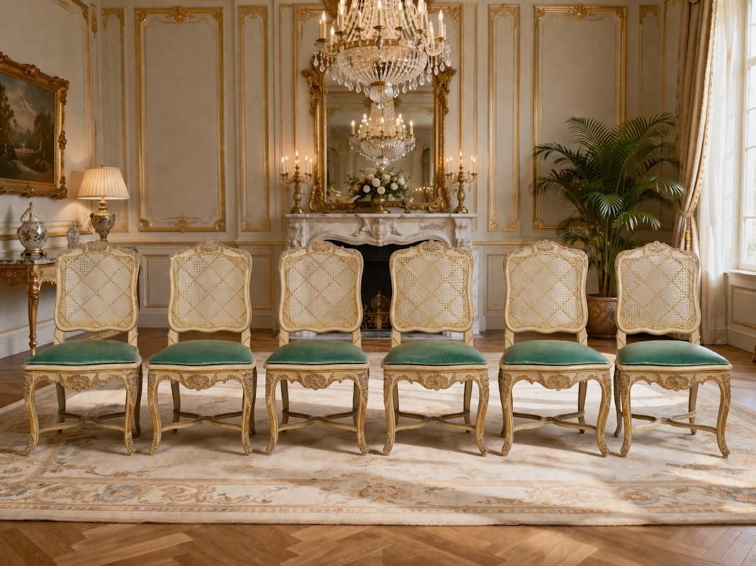 photo furniture Set Of 6 Carved And Lacquered Wooden Chairs In The Louis XV Style, 20th Century.