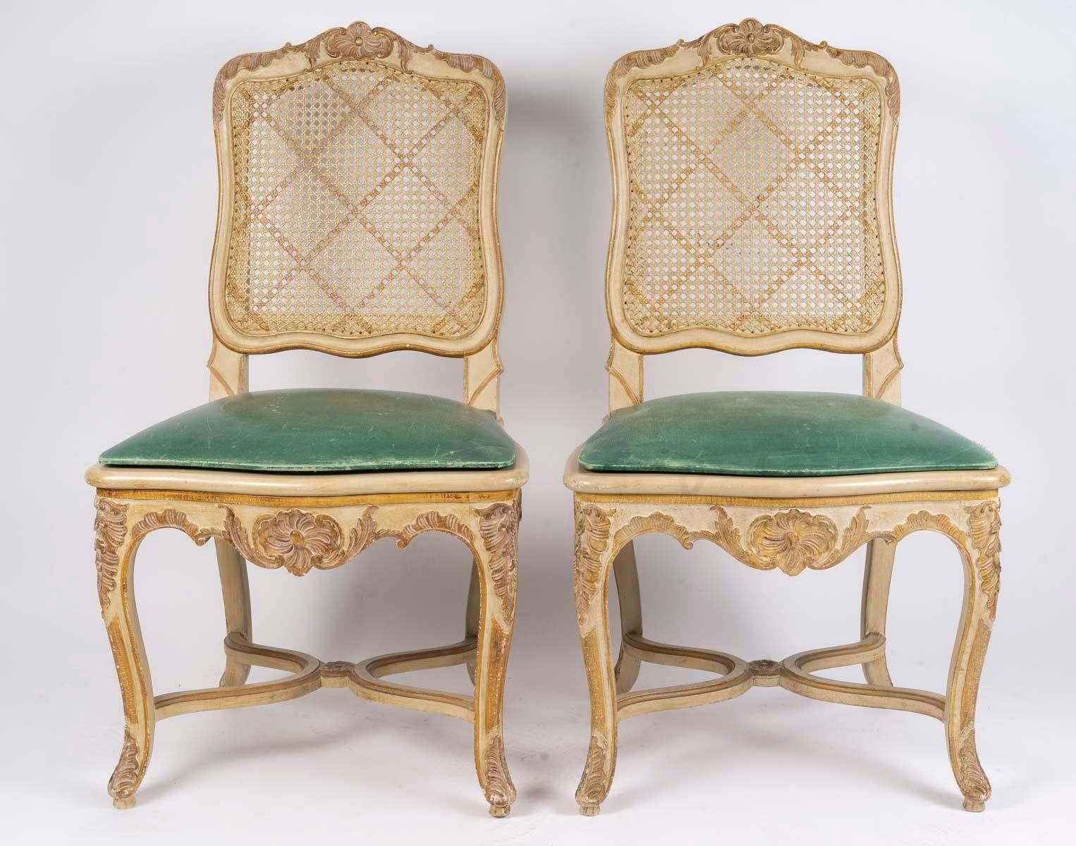 photo for sale Set Of 6 Carved And Lacquered Wooden Chairs In The Louis XV Style, 20th Century.
