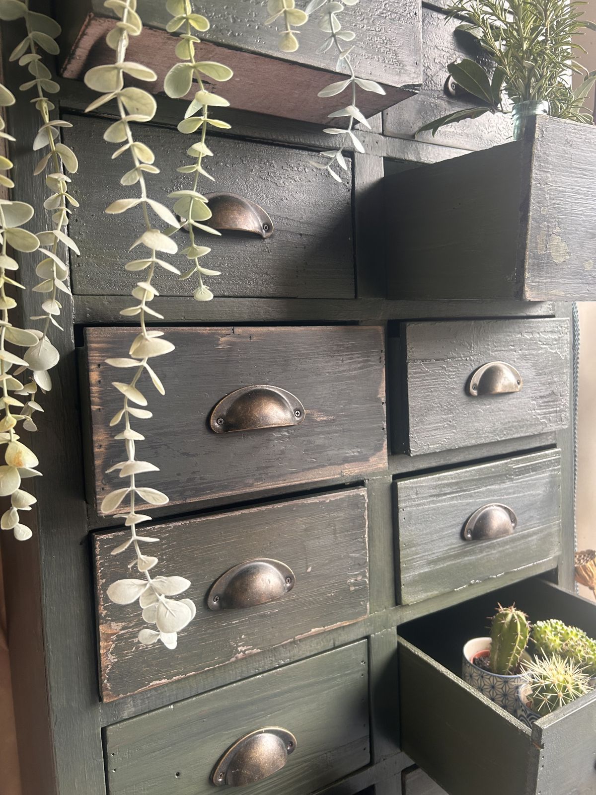 Forest Fire Cabinet | Tall Apothecary Drawers In Layered Green Finish photo furniture