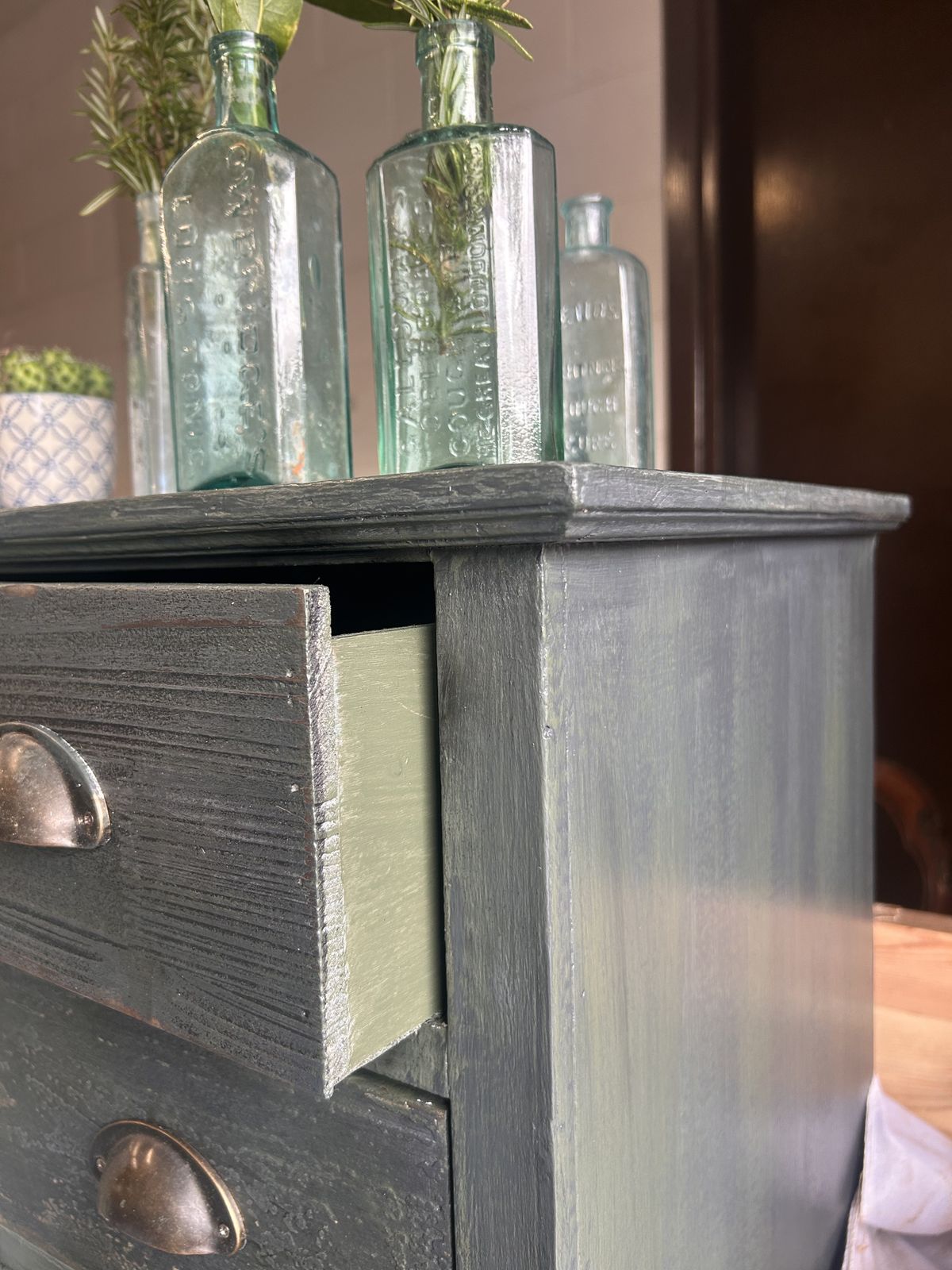 Forest Fire Cabinet | Tall Apothecary Drawers In Layered Green Finish photo vintage