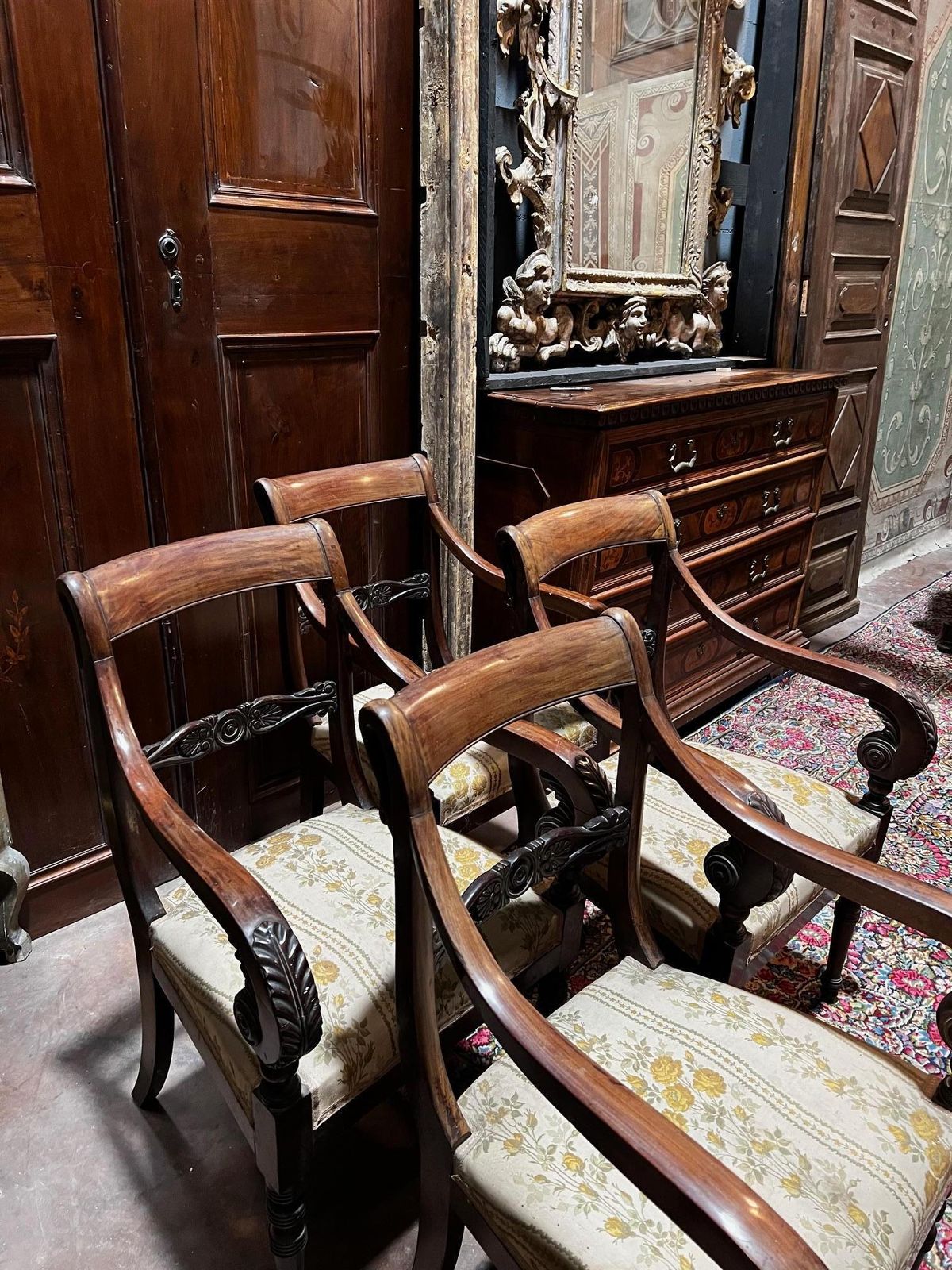 Four Carved Walnut Armchairs With Arms, Italy photo vinterior