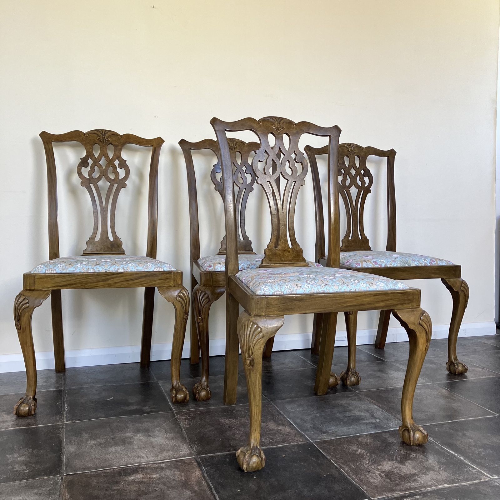 Set Of Four Chippendale Style Dining Chairs By James Phillips & Sons Bristol; Ball And Claw Feet, Duck Egg Songbird Upholstered Seats photo Furniture