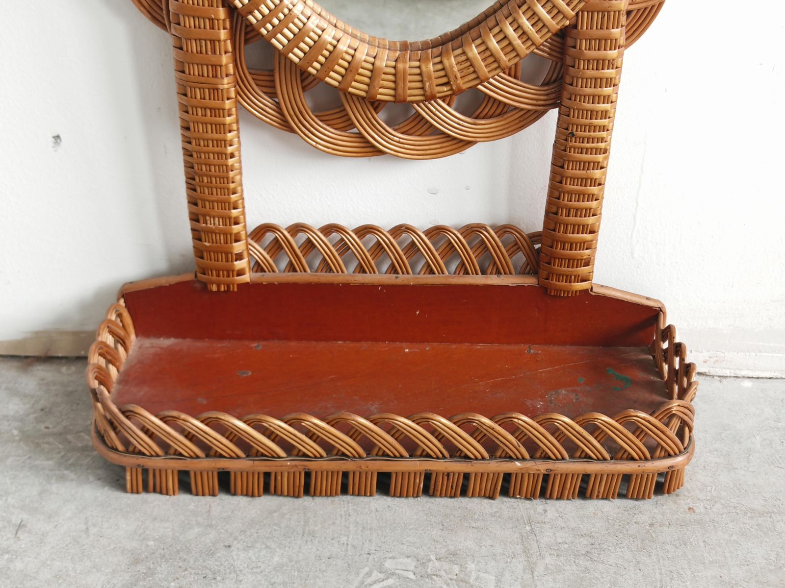 Set Of 2 Mid Century Rattan Wall Mirrors With A Shelf, Italy 1970s photo vintage