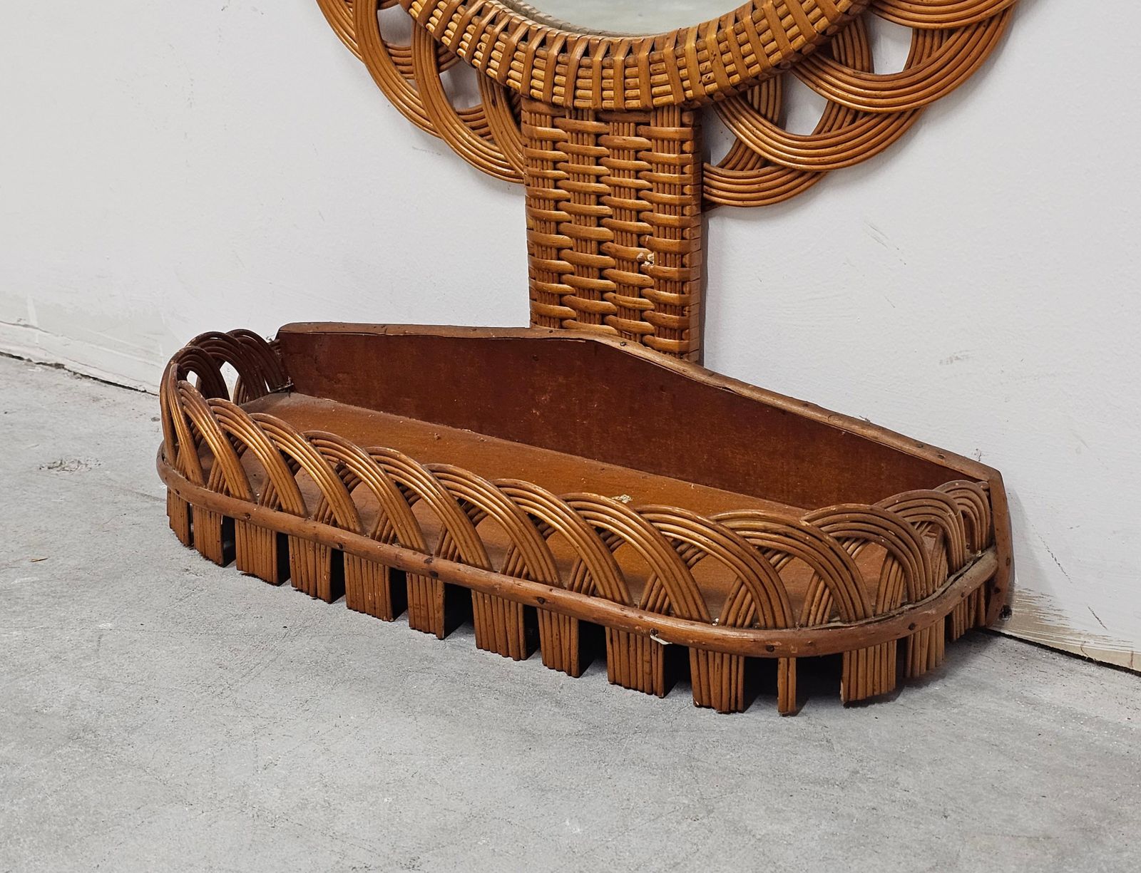 photo vinterior Set Of 2 Mid Century Rattan Wall Mirrors With A Shelf, Italy 1970s