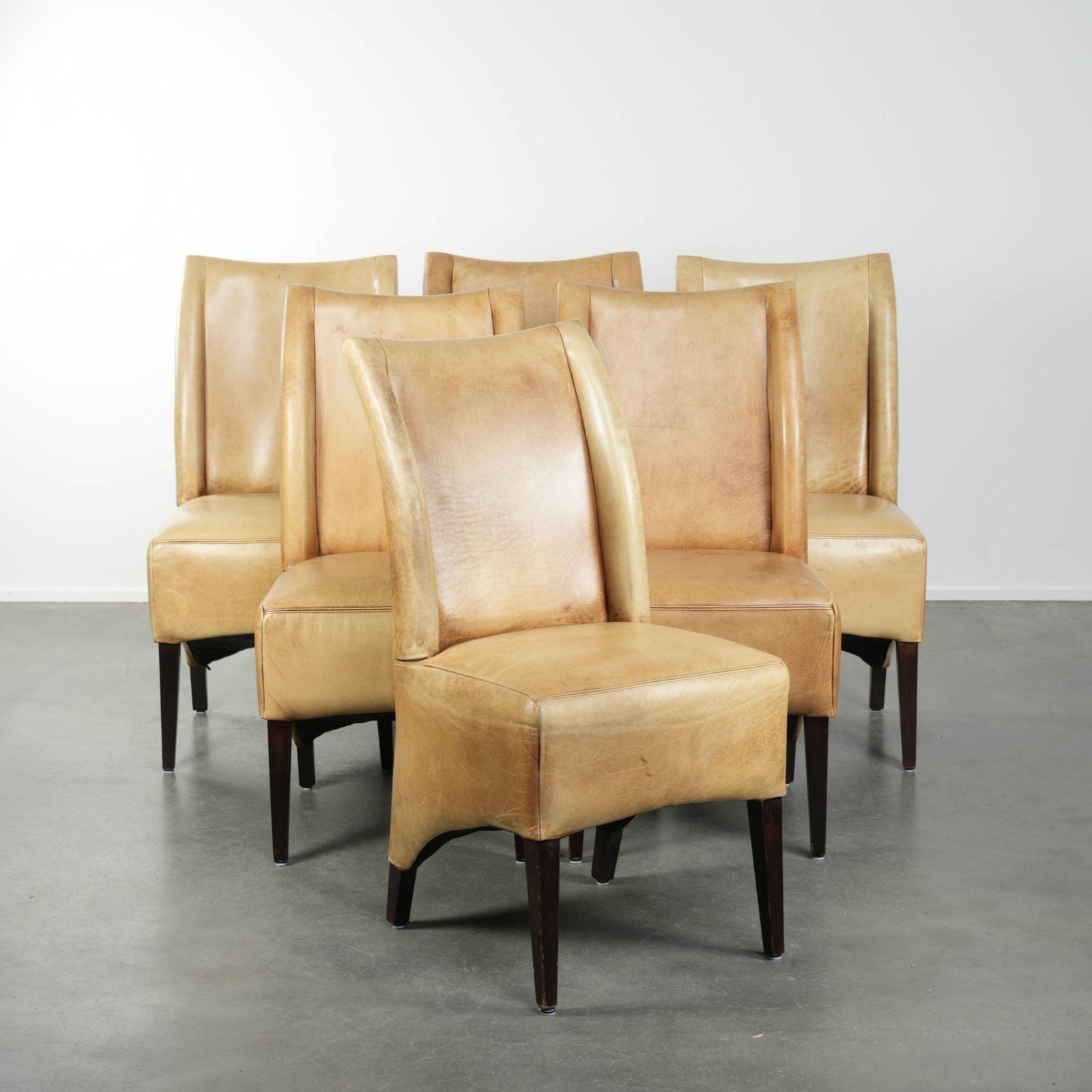 Set Van Zes Koeienhuid Leren Eetkamerstoelen Met Lichte Kleur, Comfortabele Zitting En Hoge Rugleuning