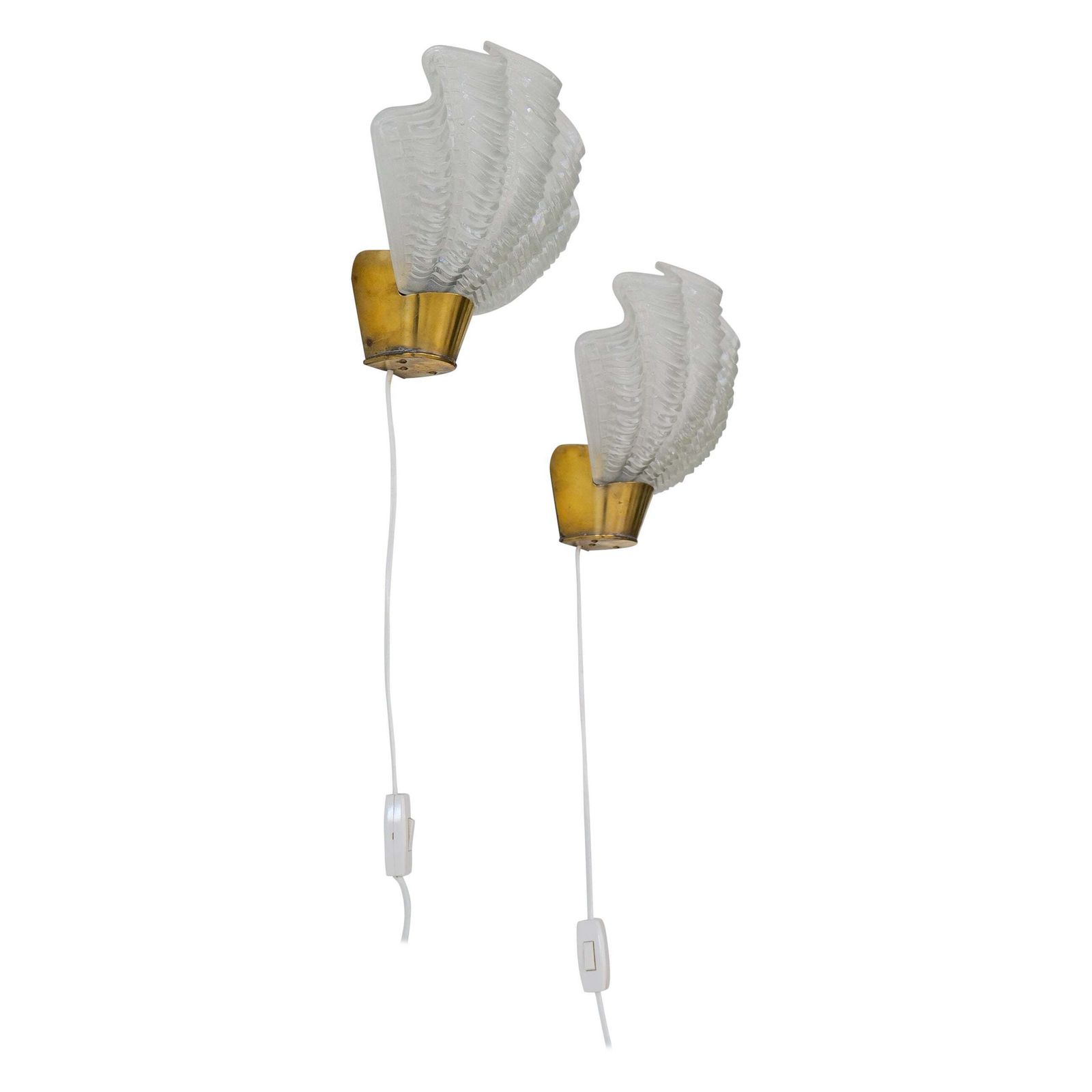 Midcentury Asea Brass And Glass Wall Lights, Seashell Design 1950s Sweden