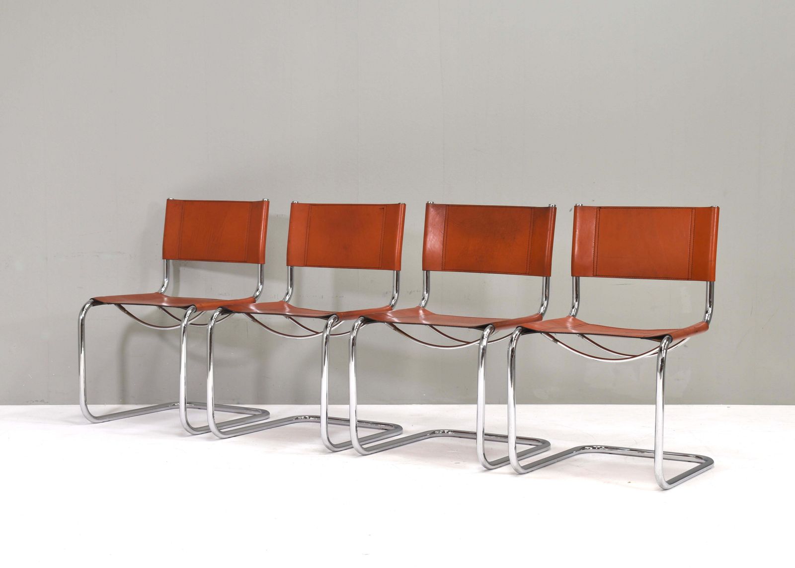 Set Of 4 Mart Stam S33 For Fasem Dining Chairs In Cognac Saddle Leather, 1970s photo for sale
