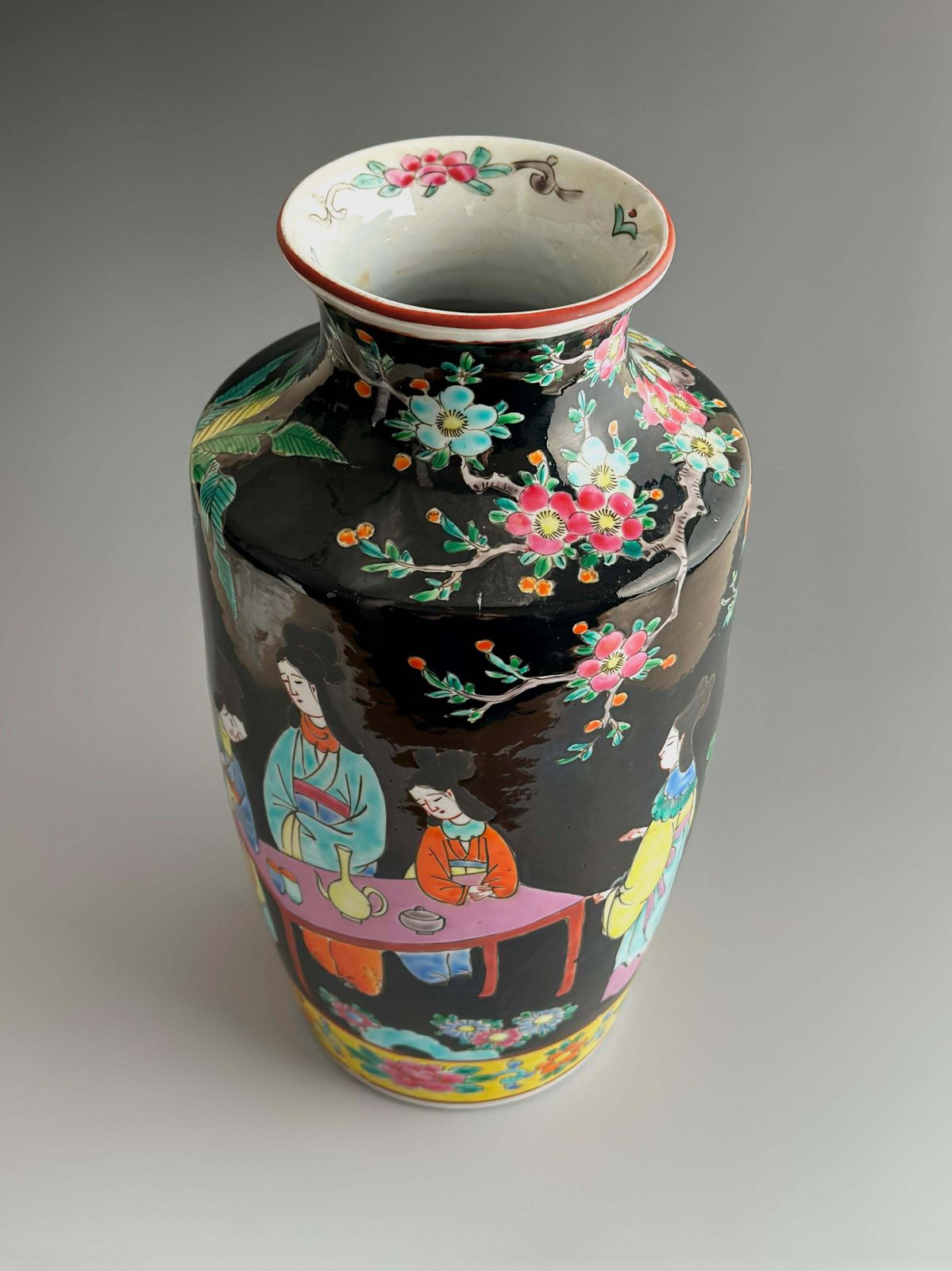 Japanese Famille Noire Porcelain Vase By Yamatoku, Arita, 30cm Tall photo for sale
