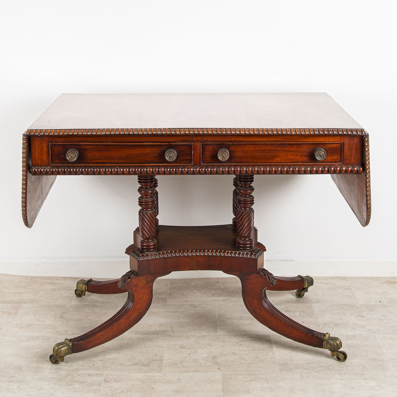 19th Century Mahogany Table Barley Twist Columns Lion Paw Castors