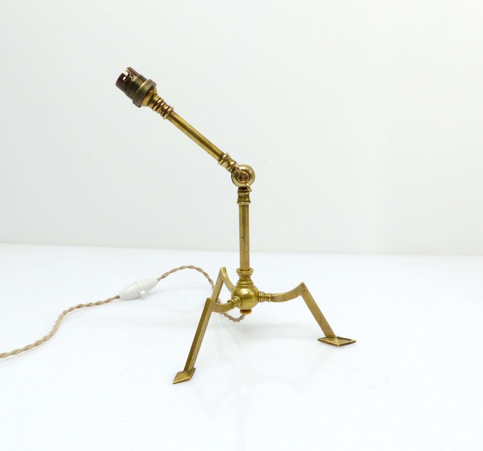 Articulated Tripod Lamp Base In Brass, Arts & Crafts Style, In The Style Of Was Benson, Circa 1900 1930
