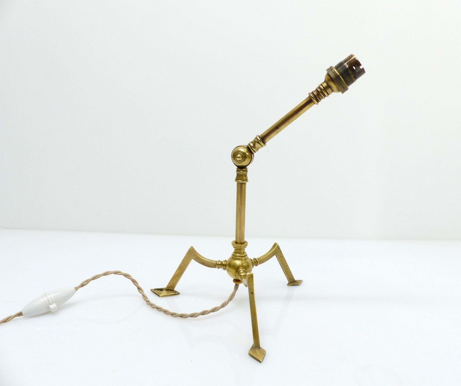 Articulated Tripod Lamp Base In Brass, Arts & Crafts Style, In The Style Of Was Benson, Circa 1900 1930 photo for sale