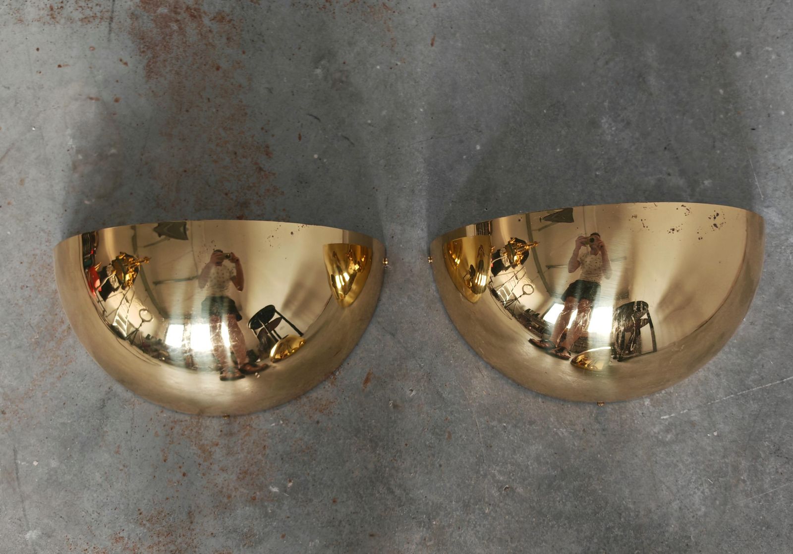photo for sale Set Of 3 Mid Century Minimalist Brass Half Dome Wall Sconces, Italy 1970s