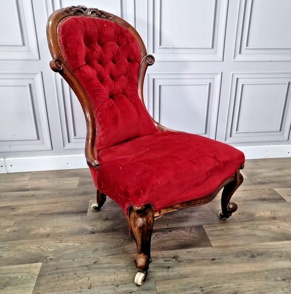 Antique Spoon Back Chair Victorian Carved Button Fireside Nursing Seat Resto
