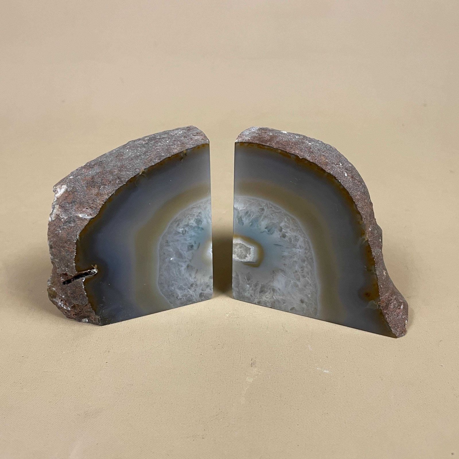 Pair Of 2 Vintage Stone Bookends Book Ends Blue Grey Rocks Polished Decorative Library Book Shelf Shelves Heavy Set Natural photo vinterior
