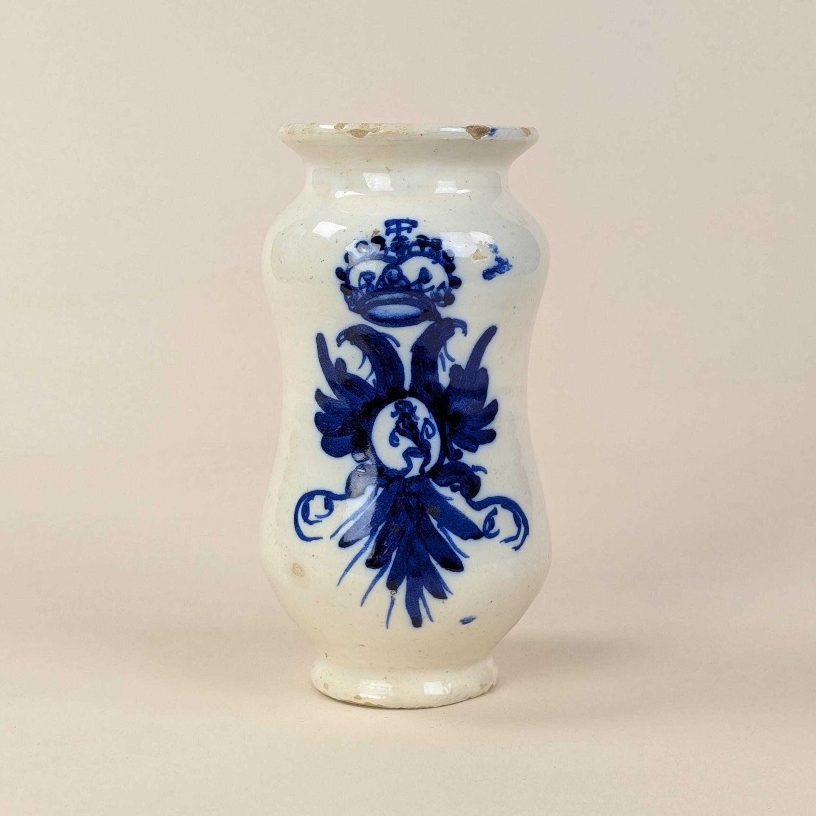 Faience Apothecary Jar Albarello, Antique Italian Double Headed Eagle Blue White Ceramic Pharmacy Vessel