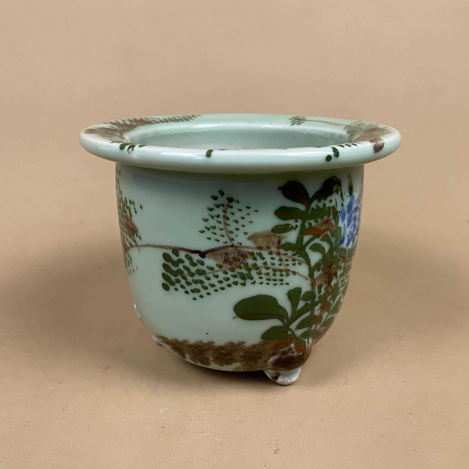 Oriental Celadon Jardiniere Hand Painted Ceramic Pot Planter Chinese Antique Cache Decorative Vase Flowerpot Display Asian Floral Feet Green