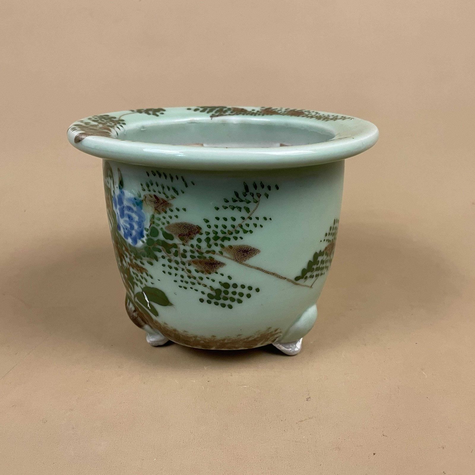 Oriental Celadon Jardiniere Hand Painted Ceramic Pot Planter Chinese Antique Cache Decorative Vase Flowerpot Display Asian Floral Feet Green photo vinterior