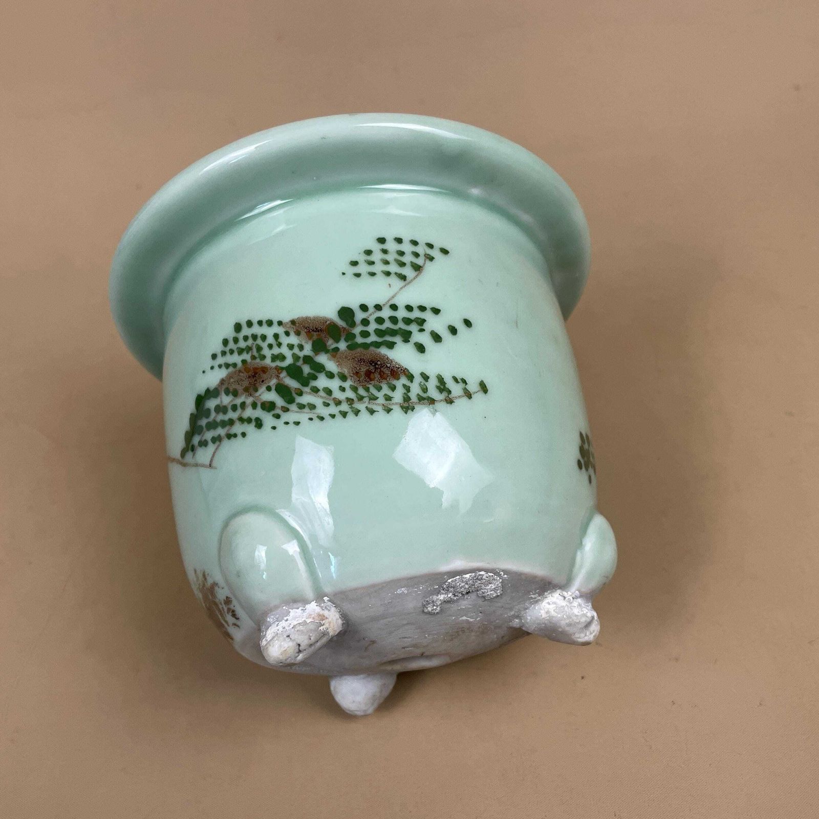 Oriental Celadon Jardiniere Hand Painted Ceramic Pot Planter Chinese Antique Cache Decorative Vase Flowerpot Display Asian Floral Feet Green photo vintage