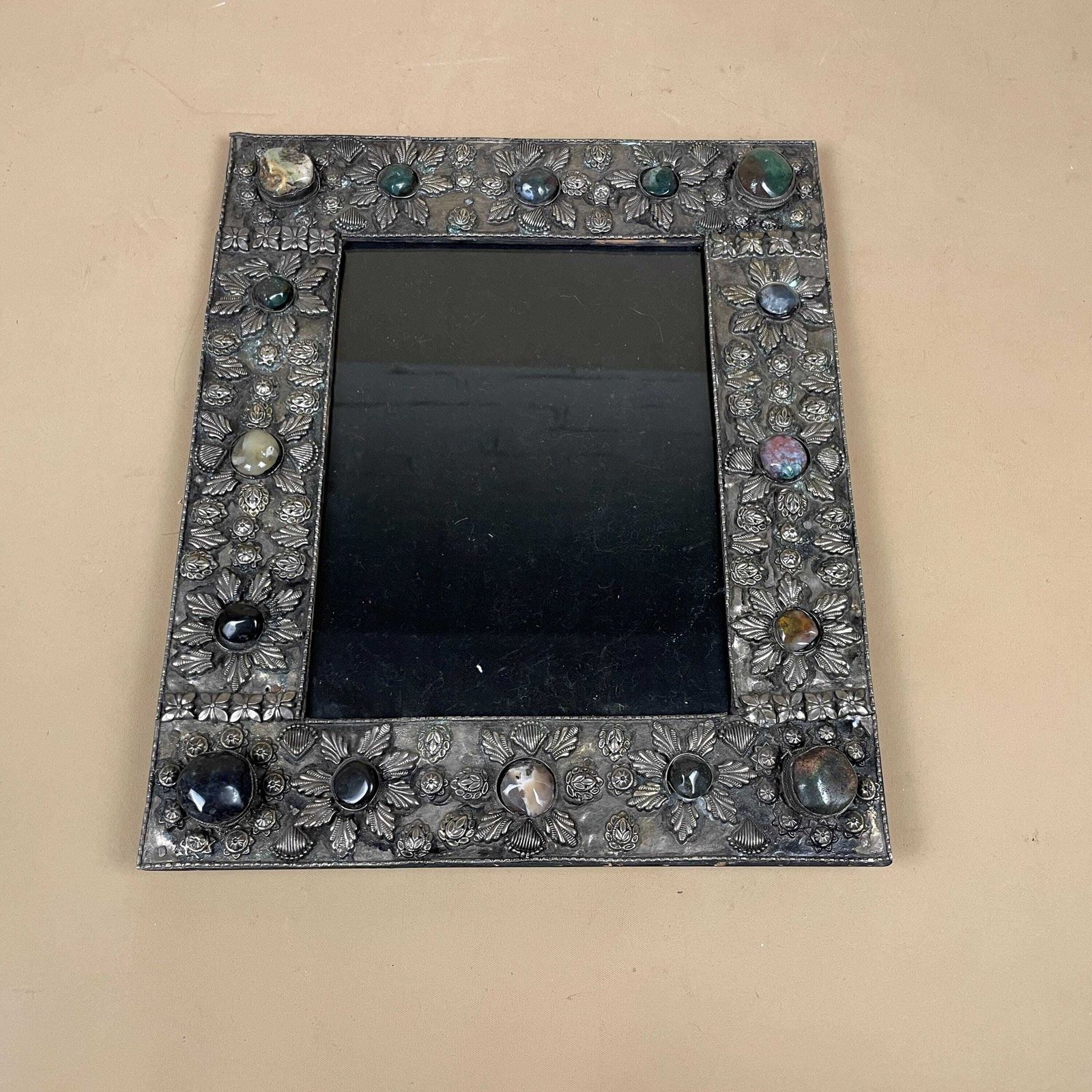 Indian Metal Picture Frame Glass Vanity Photo Patterned Gem Stone Handmade Photos Silver Freestanding Rectangle Ornate Pattern 30.5x25.5cm