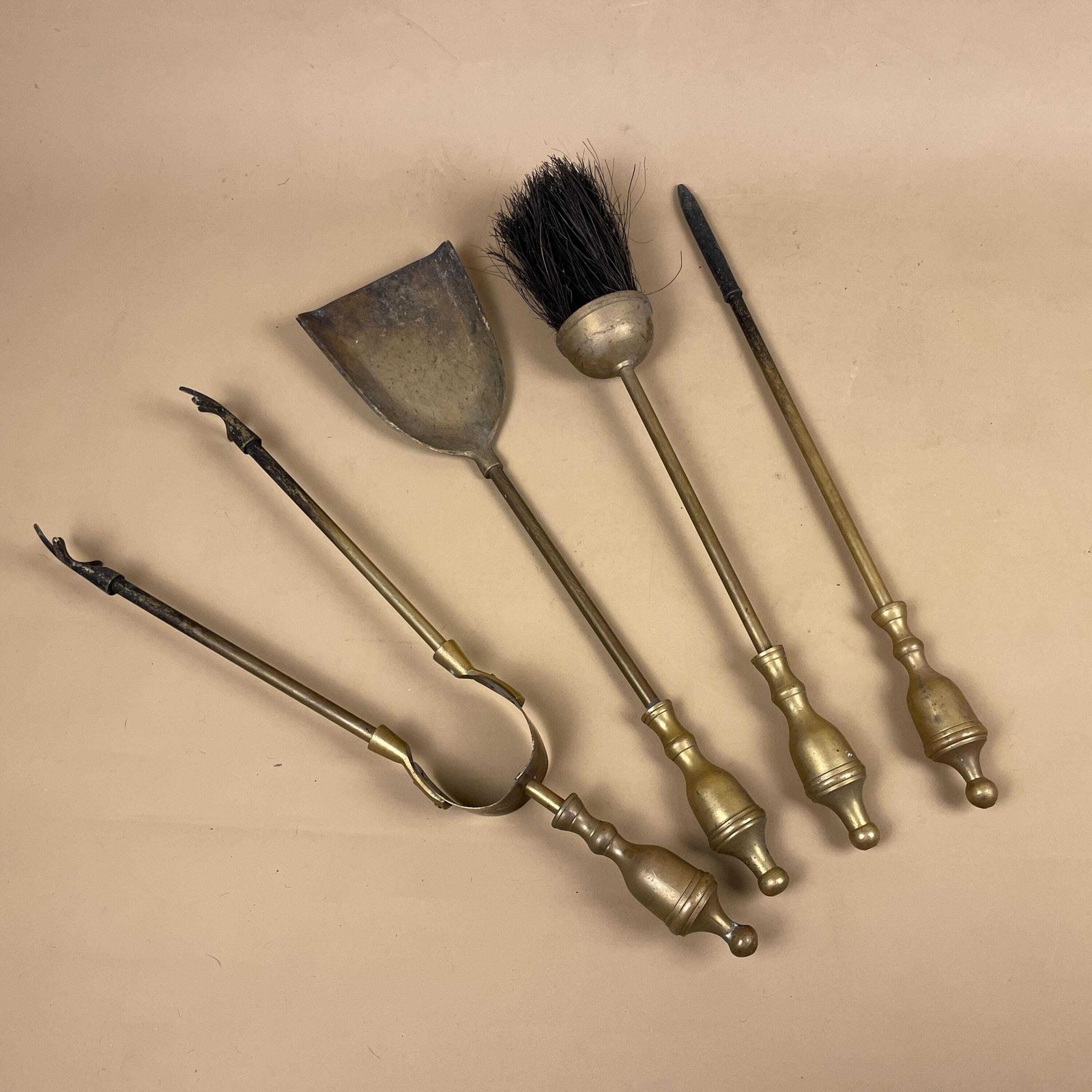 Antique Fireside Tools Gold Brass Metal Vintage Set Of 4 Fireplace Hearth Fire Tools Farmhouse Cottage Hearth Decor Brush Shovel Tongs photo furniture