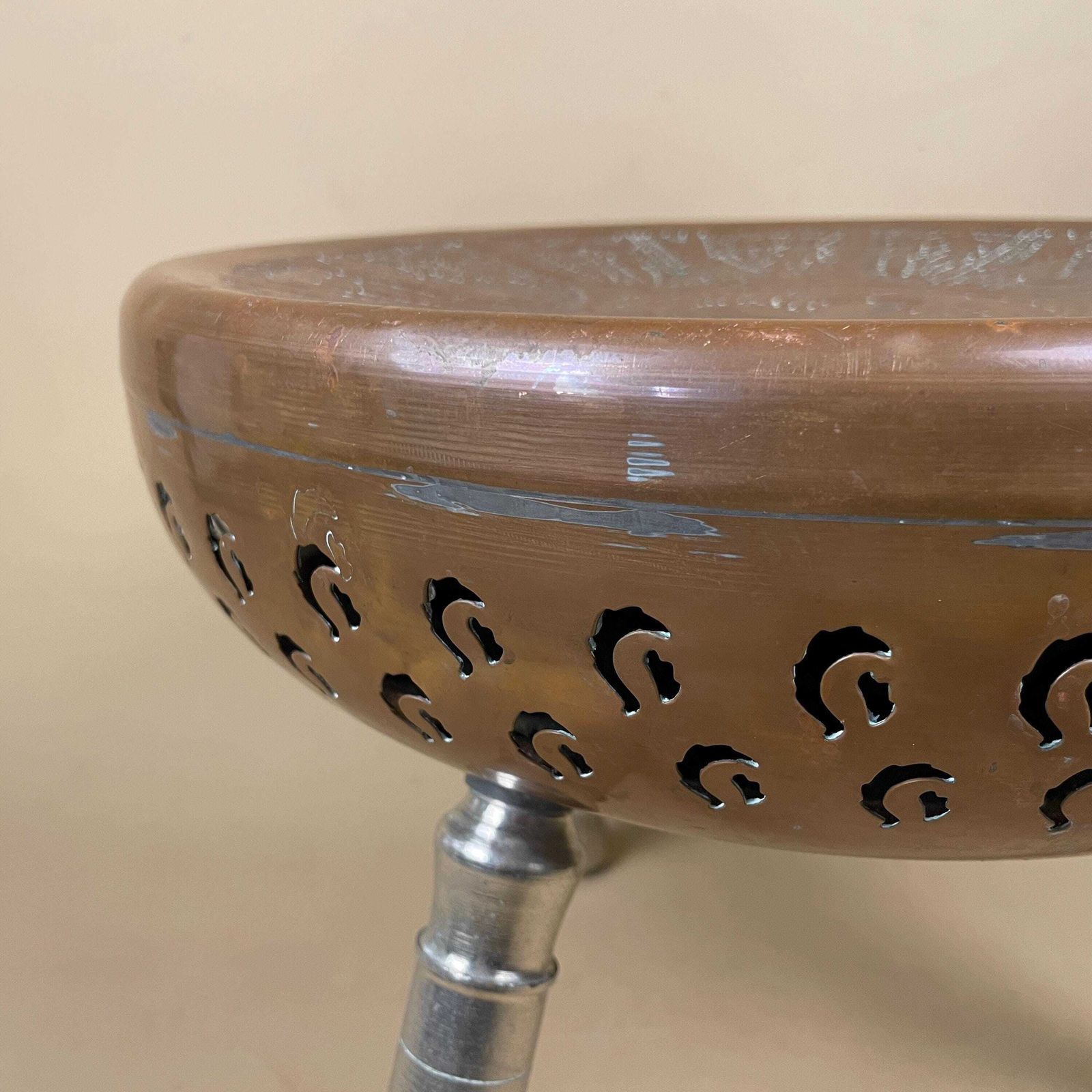 Indian Copper Foot Warmer Tripod Table Stool Ornate Low Heater Silver Legs Vintage Stand Metal photo for sale