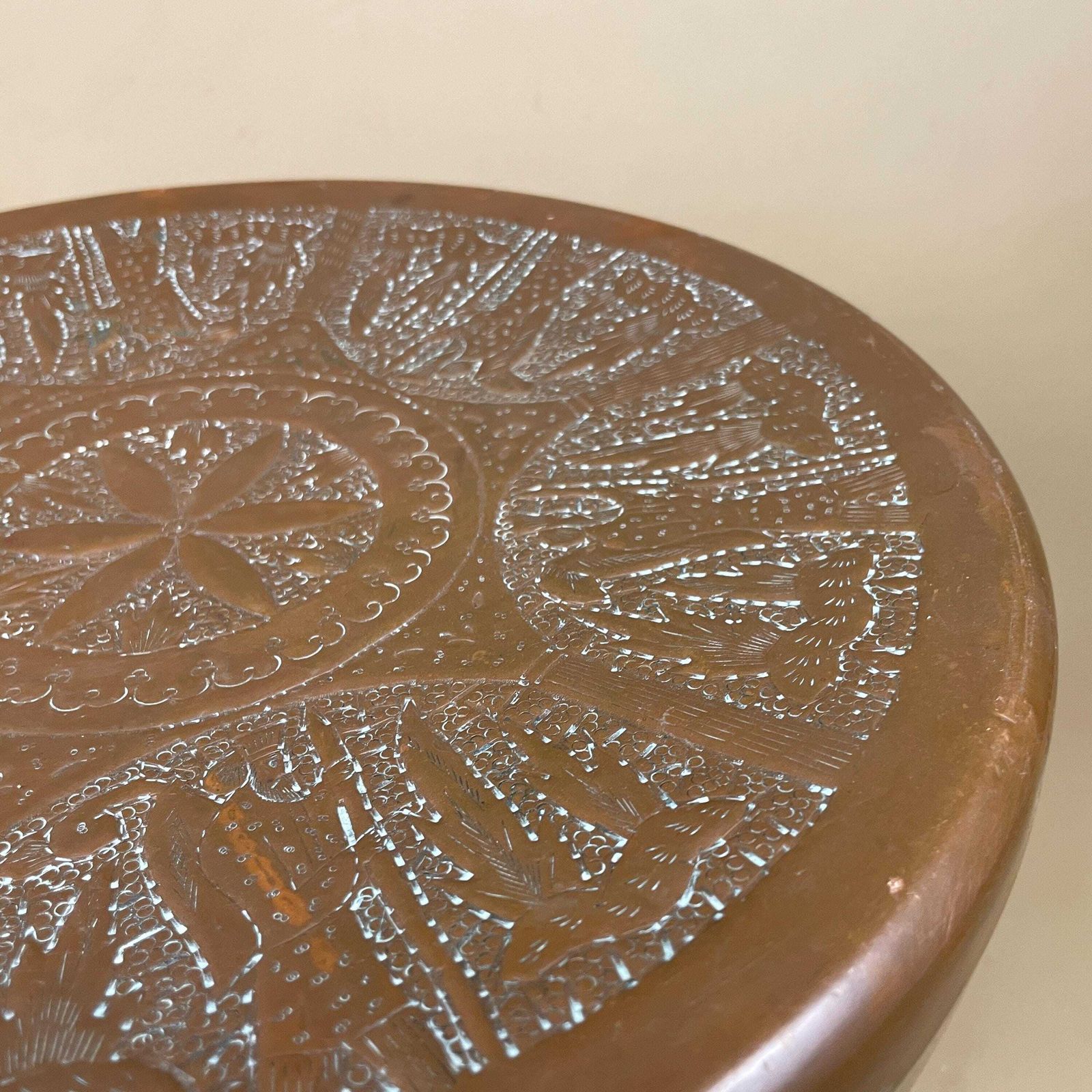 Indian Copper Foot Warmer Tripod Table Stool Ornate Low Heater Silver Legs Vintage Stand Metal photo vinterior
