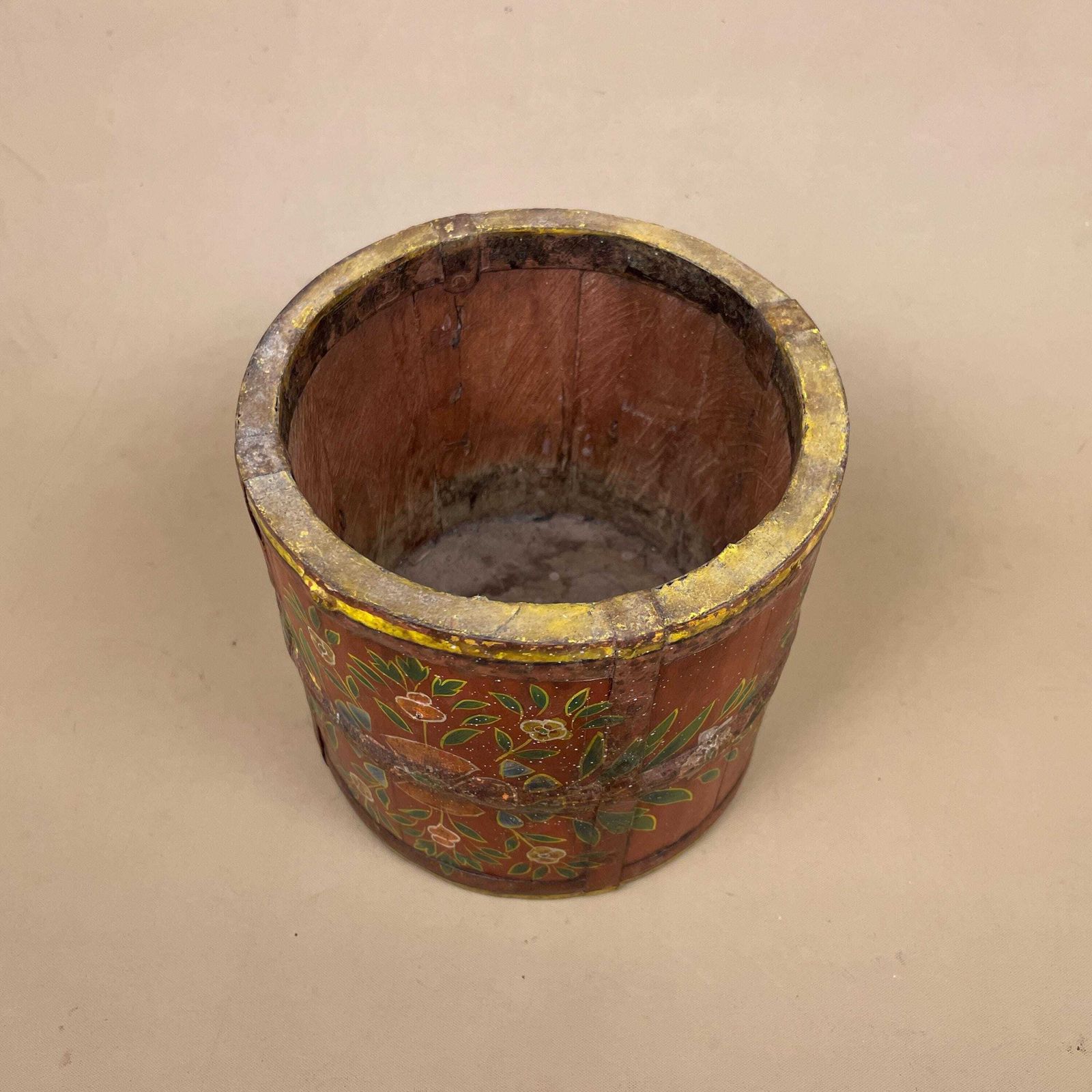 Vintage Hand Painted Wooden Planer Pot Red Floral Decorative Indian Wood Rustic Boho Barrel Vessel Farmhouse Cottage photo for sale