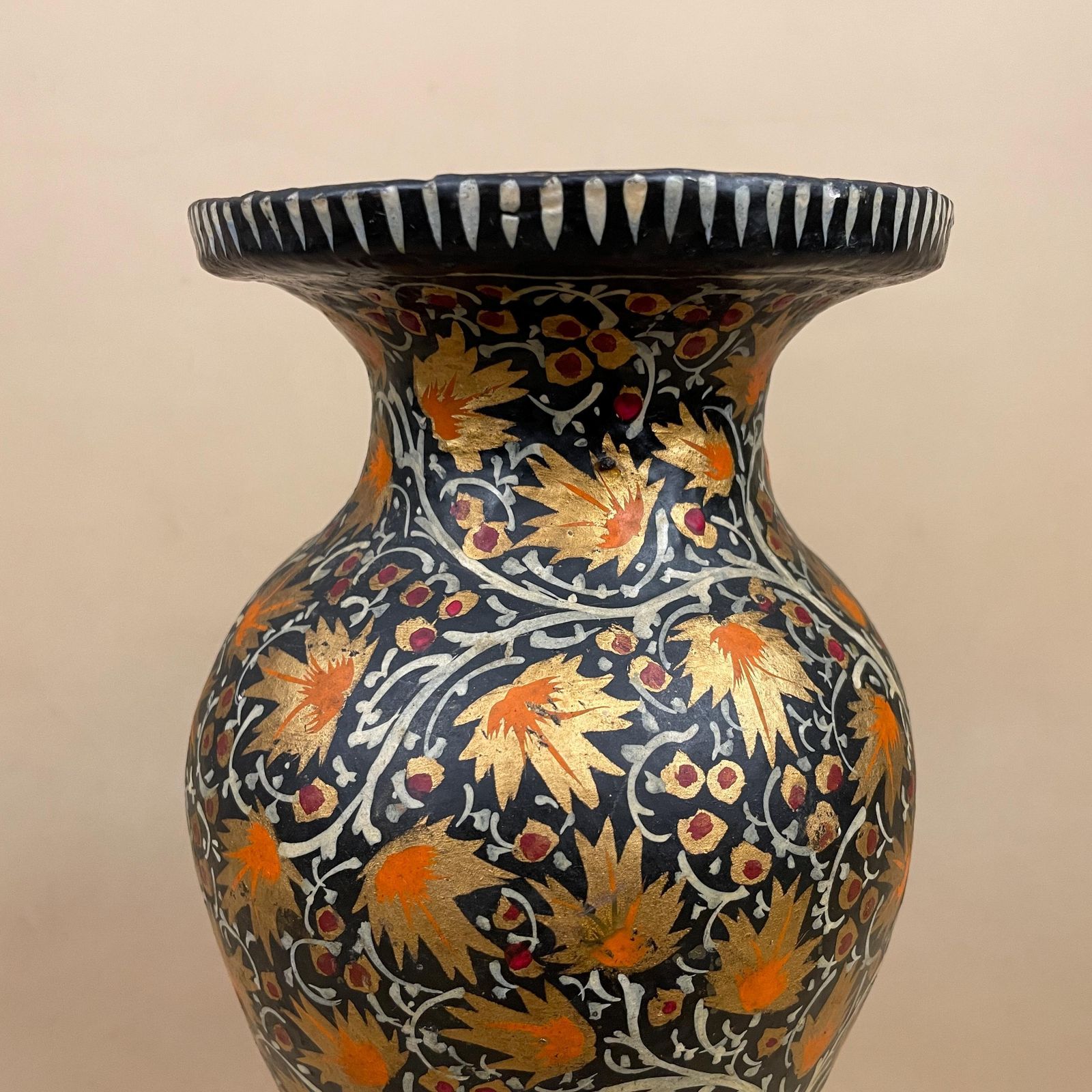 Indian Paper Mache Vase Hand Painted Black Floral Vintage Kashmiri Table Display Folk Art Collectible Handmade photo furniture