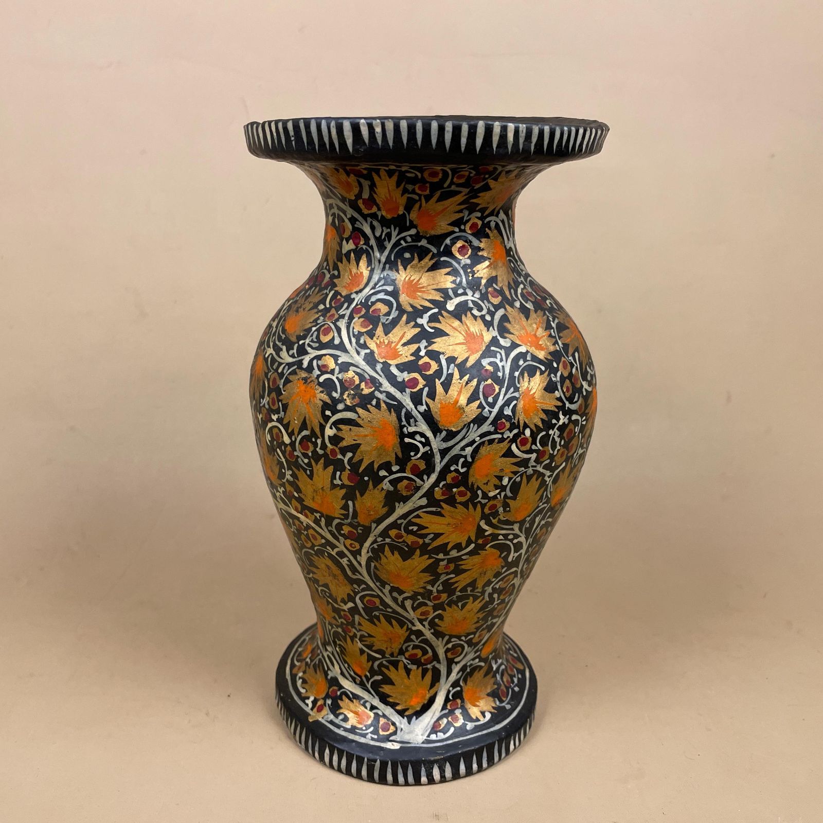 Indian Paper Mache Vase Hand Painted Black Floral Vintage Kashmiri Table Display Folk Art Collectible Handmade photo buy