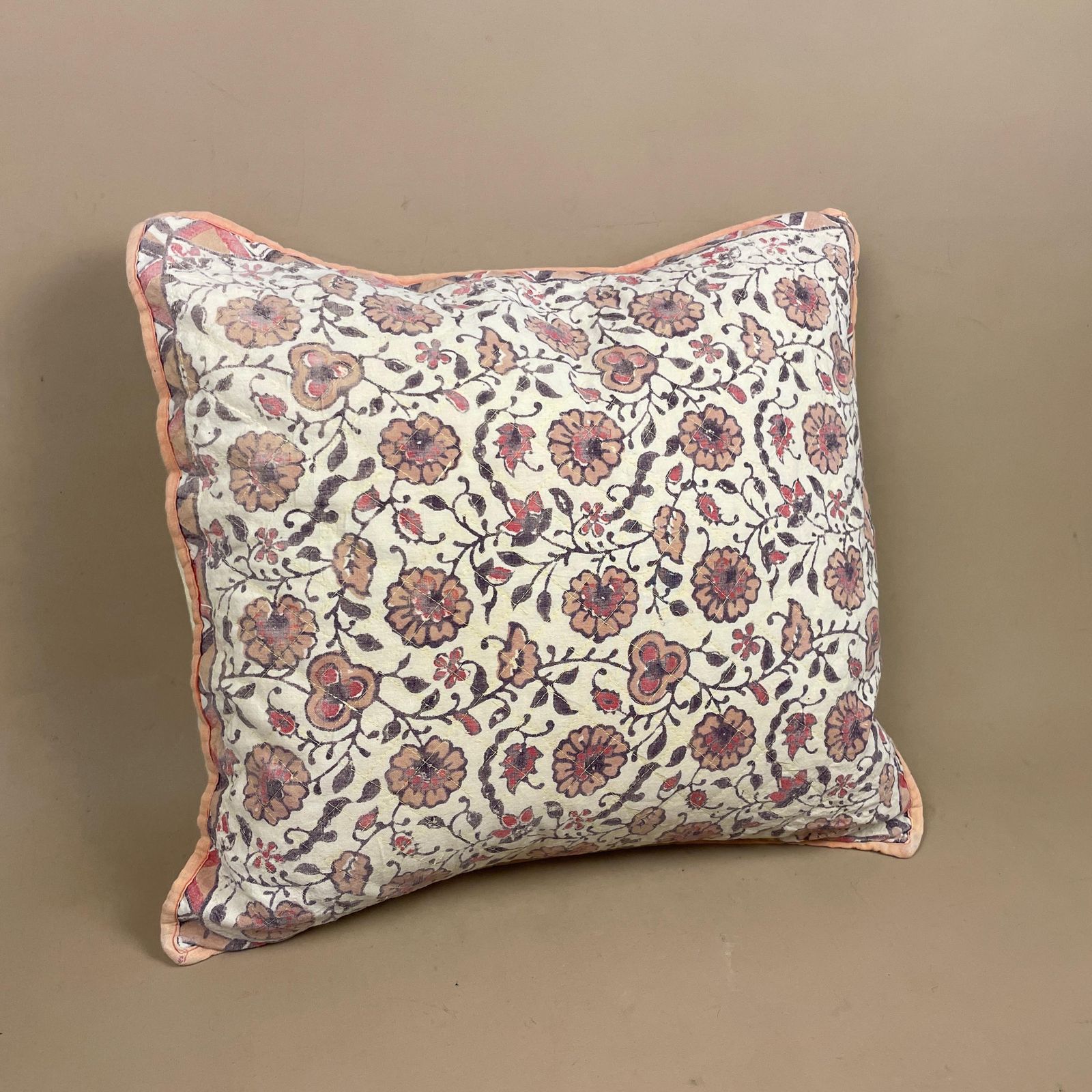 Indian Hand Printed Cushion Floral Quilted Feather Filled Pillow Cover Pale Muted Cream Piping Edge Vintage Scatter Sofa Throw Cushion photo furniture