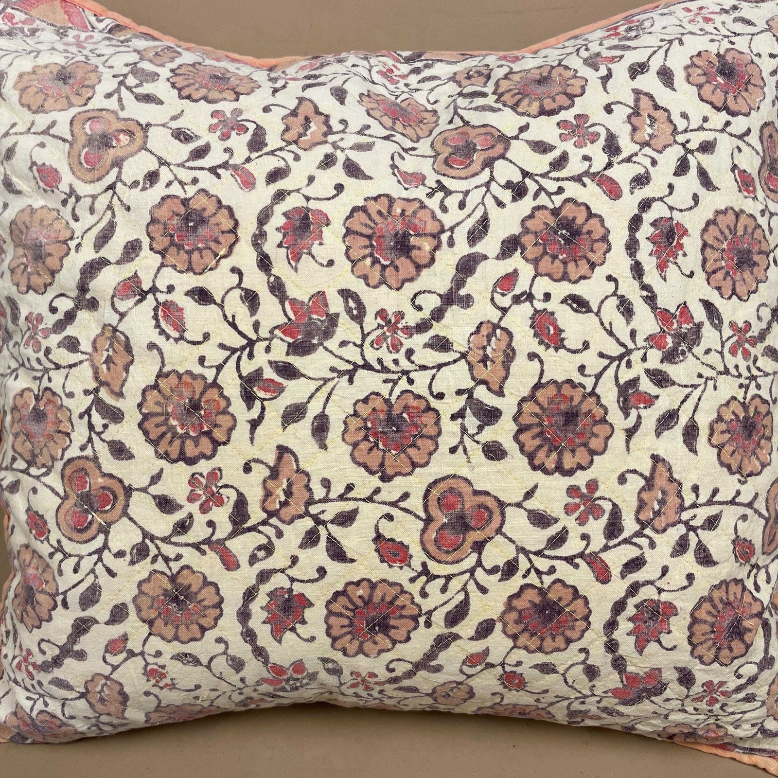 Indian Hand Printed Cushion Floral Quilted Feather Filled Pillow Cover Pale Muted Cream Piping Edge Vintage Scatter Sofa Throw Cushion photo vinterior