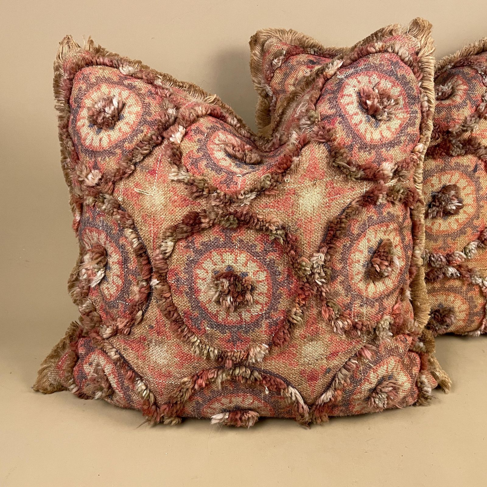 Indian Style Jute Cotton Cushion Pair Floral Frill Feather Filled Pillow Scatter Sofa Accent Red Orange photo for sale