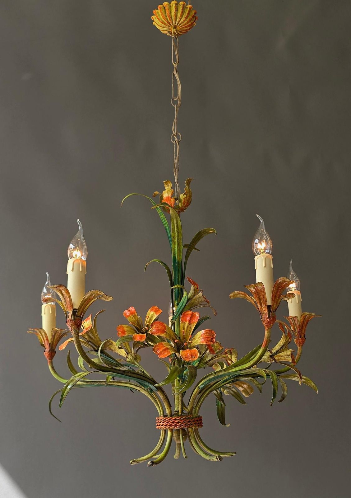 Italian Tole Floral Chandelier, Hand Painted, 1960s photo for sale
