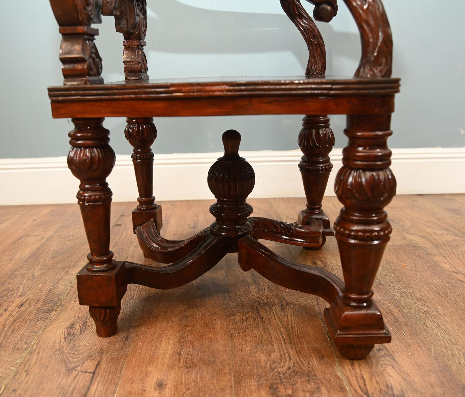Pair Jacobean Hall Chairs Revival Arm Thrones Carved Oak photo vintage