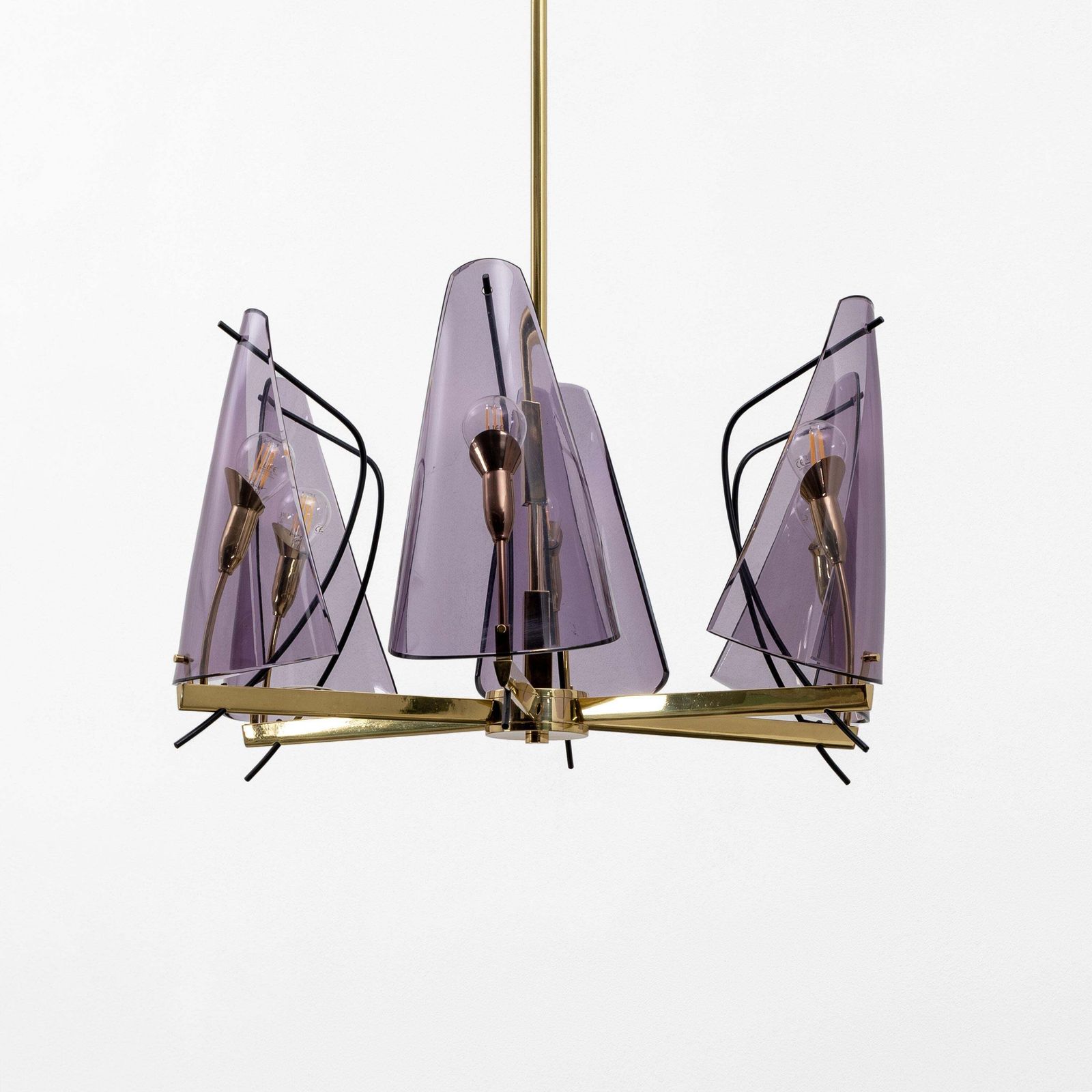 Italian Mid Century Stilux Milano Chandelier In Brass And Purple Plexiglass, 70s photo Lighting