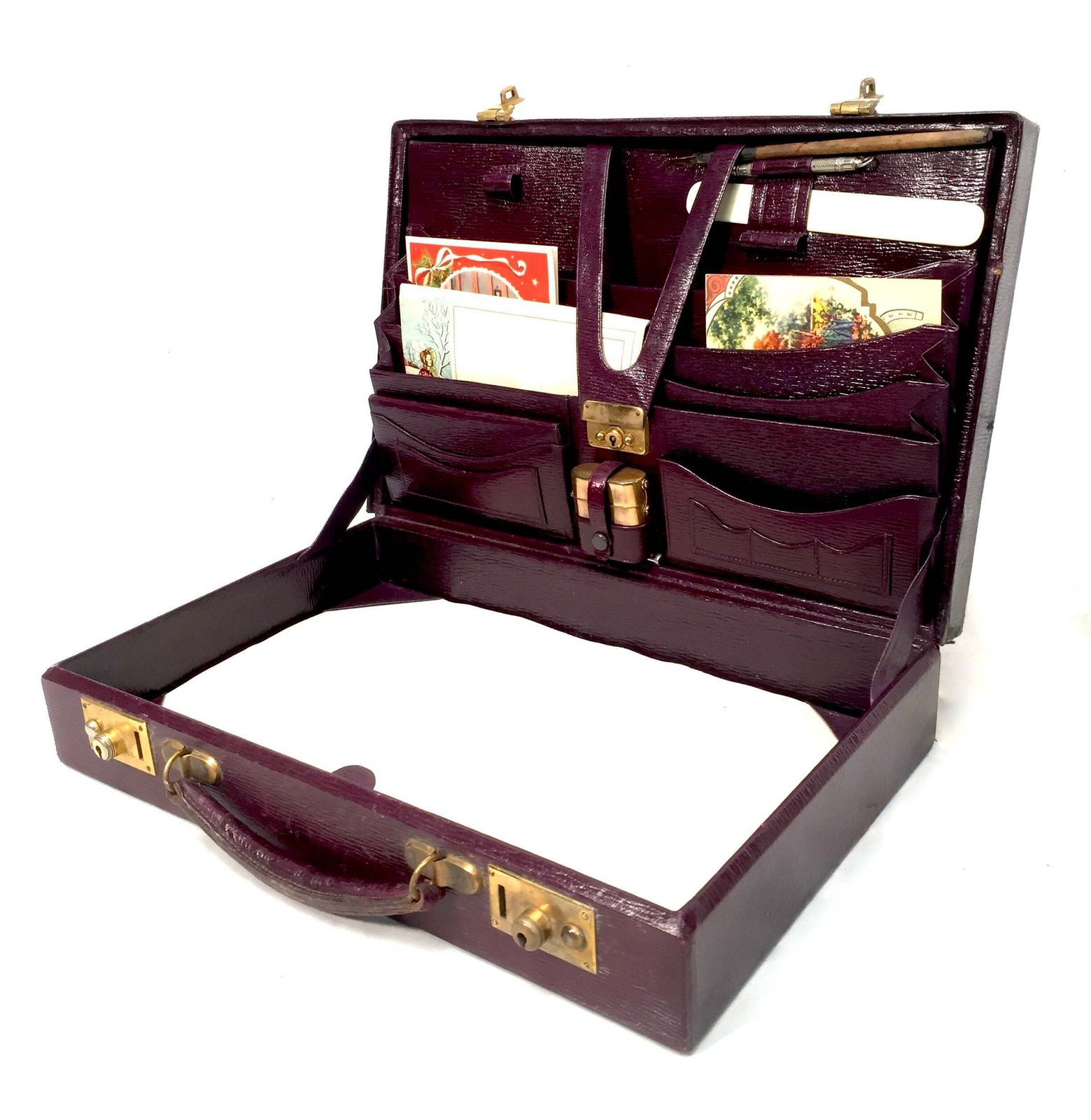 Antique Ladies Leather Travel Writing Box / Briefcase / Bag & Contents C.1930
