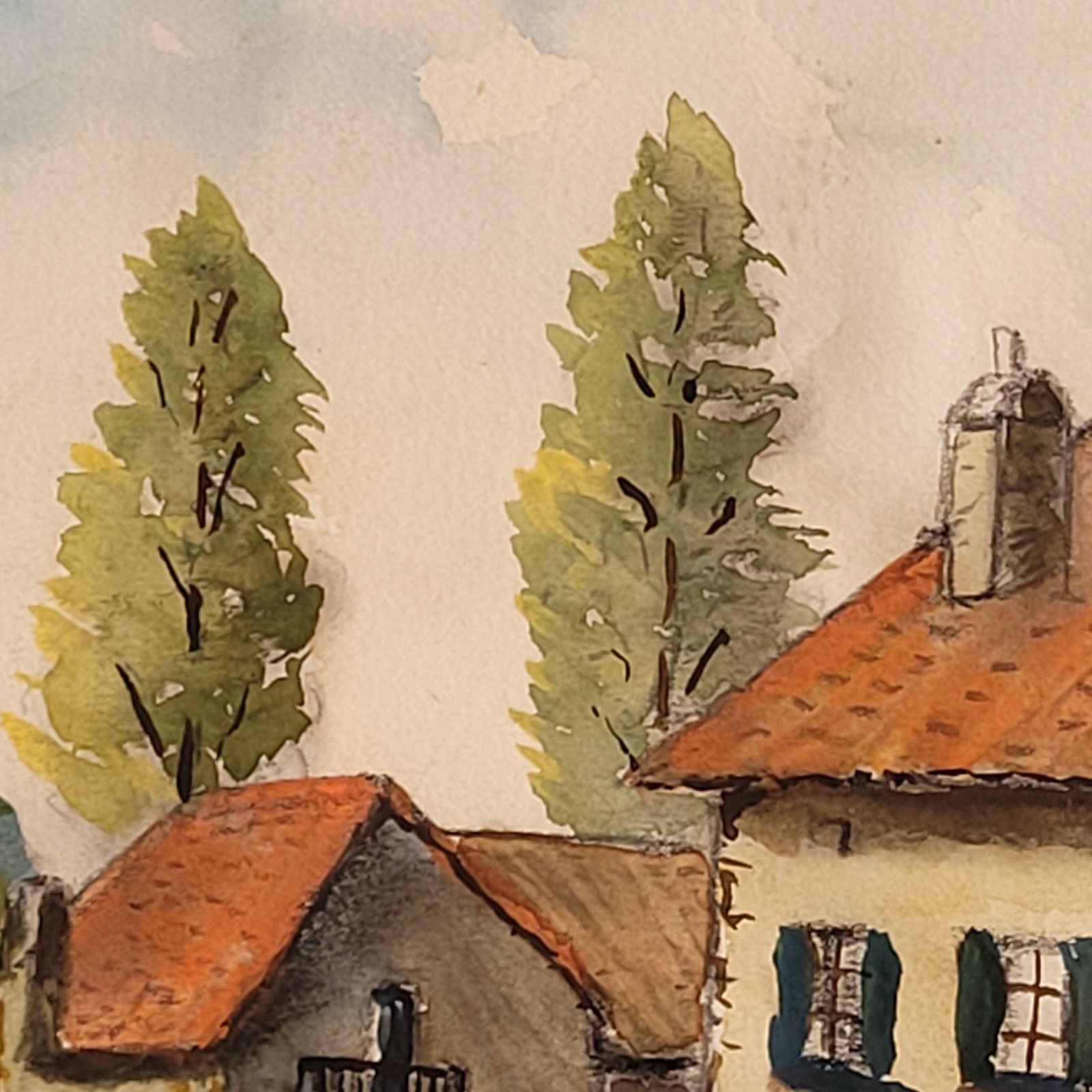 photo for sale J Martycountryside Village Scene Landscape. Watercolor On Paper. 35.5cm X 45cm..